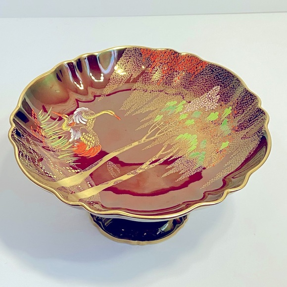 Carlton Ware Rouge Royale Hand Painted Crane/Willow Tree Scene Red Pedestal Dish - Picture 2 of 13